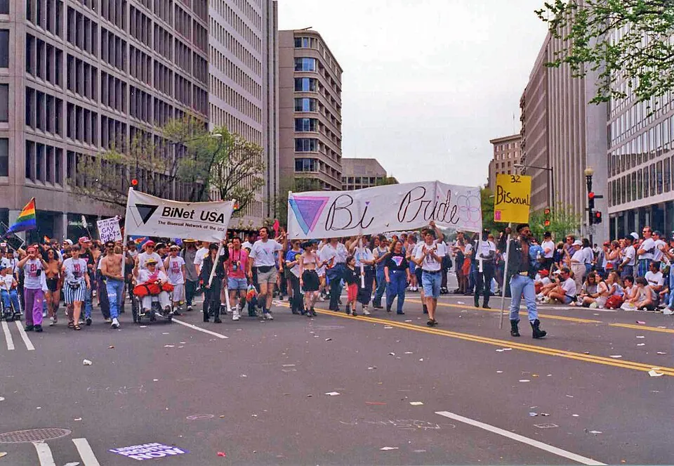 Marchers carrying Bi Pride and BiNet USA banners at the 1993 March on Washington