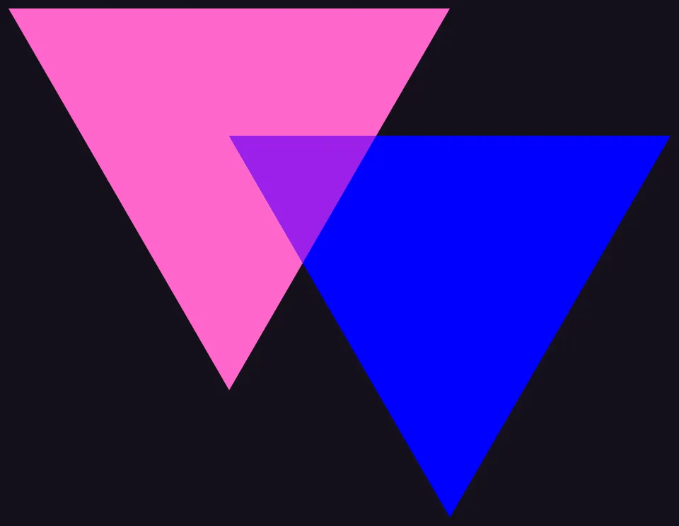 The biangles: a pink triangle and a blue triangle overlapping to make a lavender center