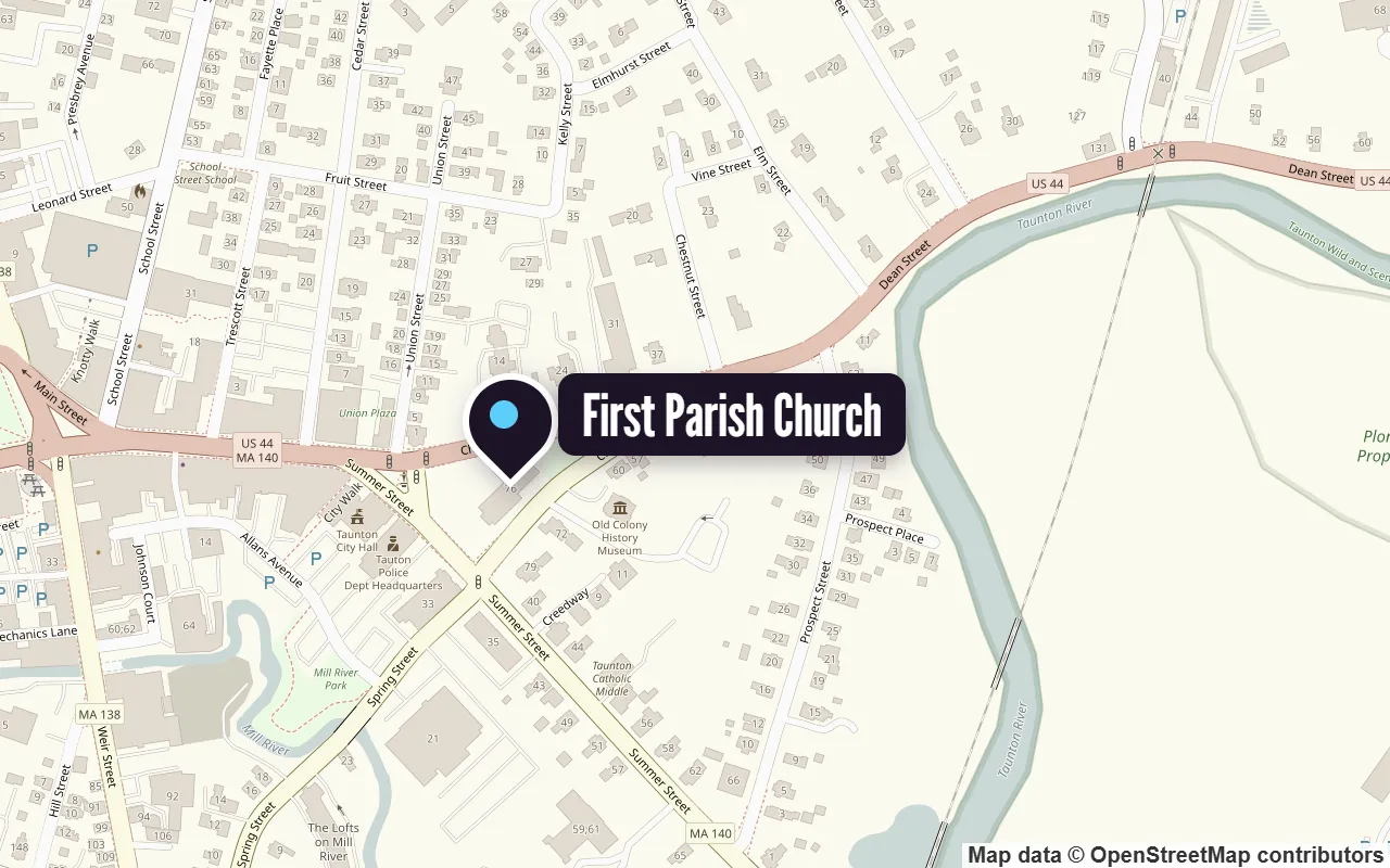 Map of First Parish Church at 76 Church Green in downtown Taunton, beside the Old Colony History Museum