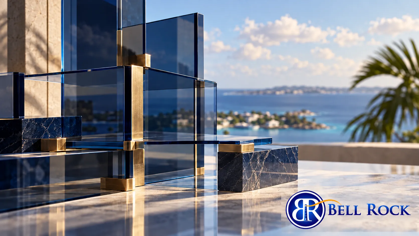 Navy glass architecture illustrating digital infrastructure, with the Bell Rock logo