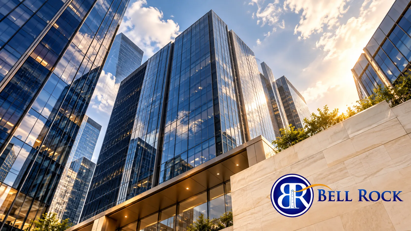 Glass office towers in warm light with the Bell Rock logo