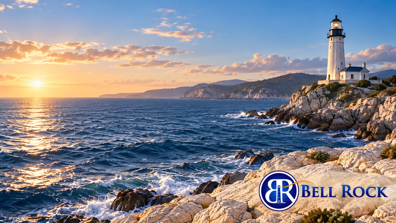 Lighthouse on a rocky coastline with the Bell Rock logo