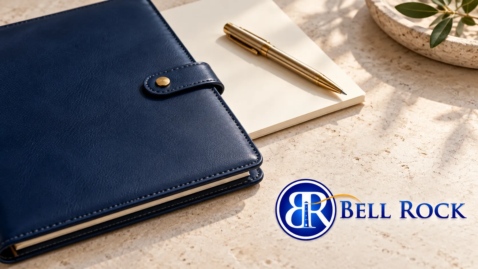 Navy folio and brass pen on a stone desk with the Bell Rock logo