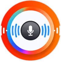 Circular voice recognition icon with a microphone in the center and surrounding sound wave graphics.