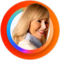 Smiling woman in white shirt inside a colourful circular frame.