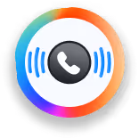 Phone receiver icon with blue sound waves inside a multicoloured circular border.