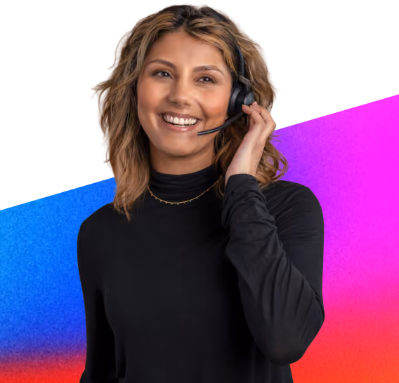 Smiling woman with blonde hair wearing a headset against a colorful gradient background.
