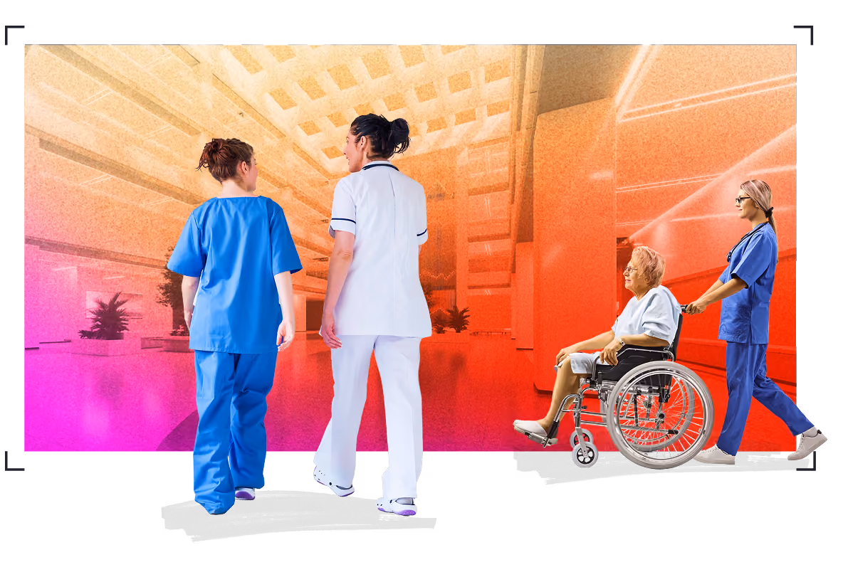 Doctors walking away and doctor pushing patient in a wheelchair