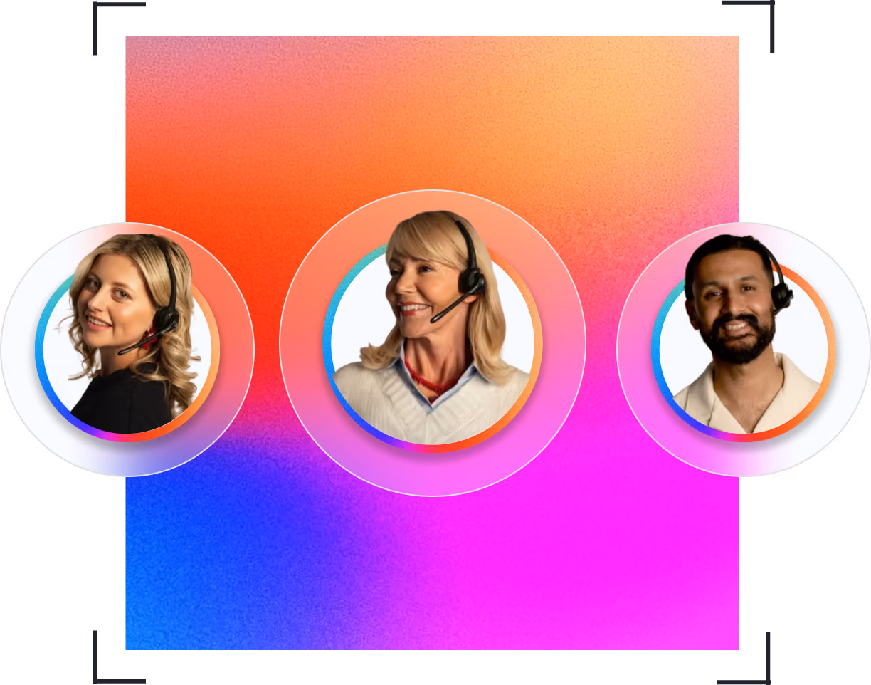 Three smiling customer service agents wearing headsets in circular photo frames on a gradient background