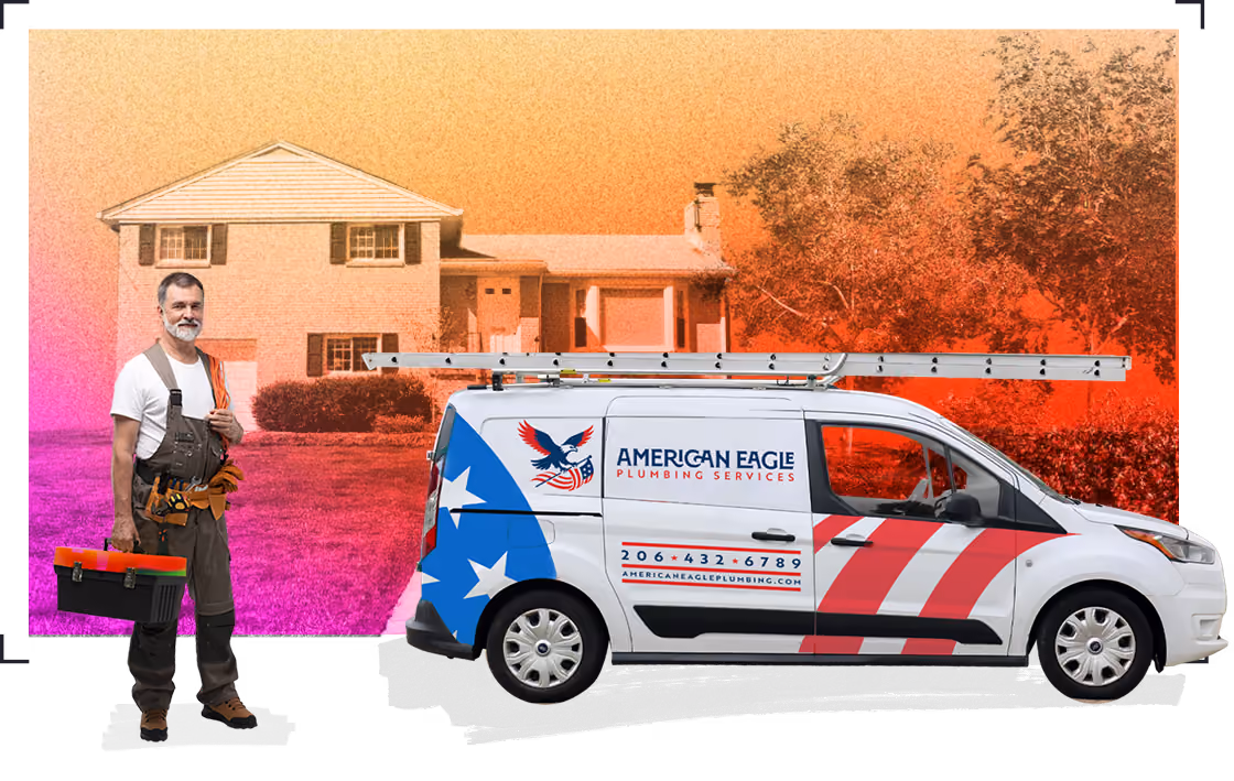 American Eagle Plumbing Services van with flag design and plumber holding toolbox outside a suburban home