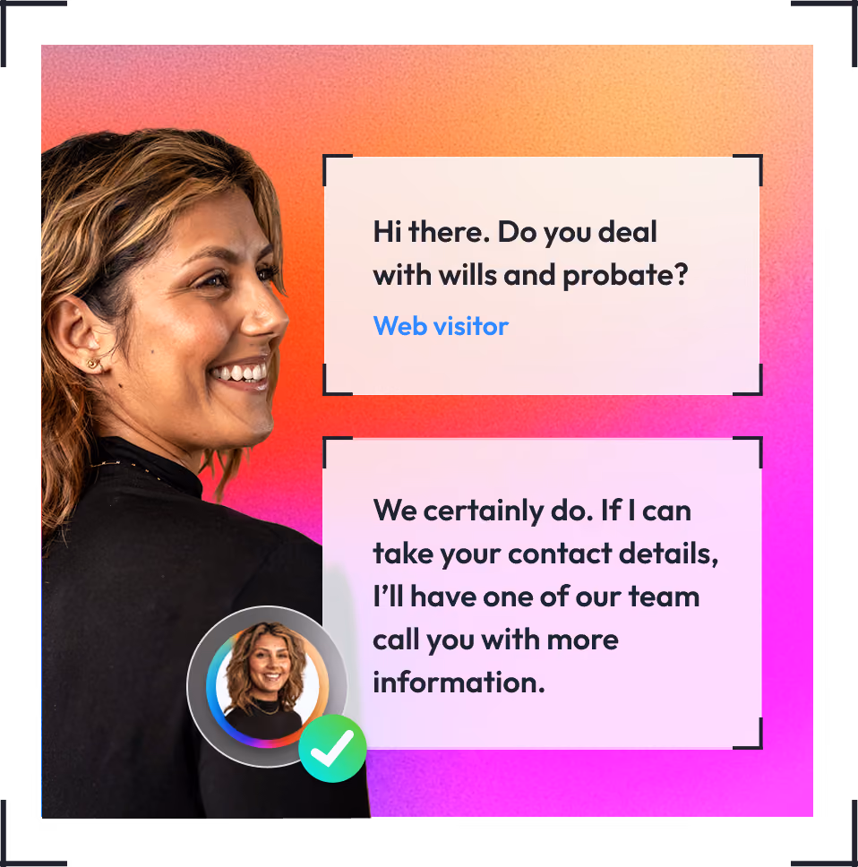 Smiling receptionist answering a live chat about wills and probate enquiries with a web visitor