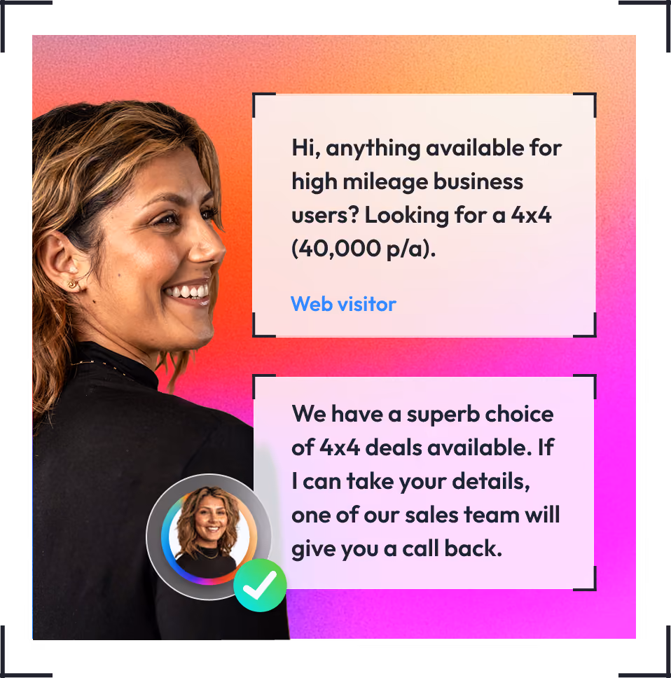 Smiling agent answering a live chat about high mileage 4x4 deals for business users
