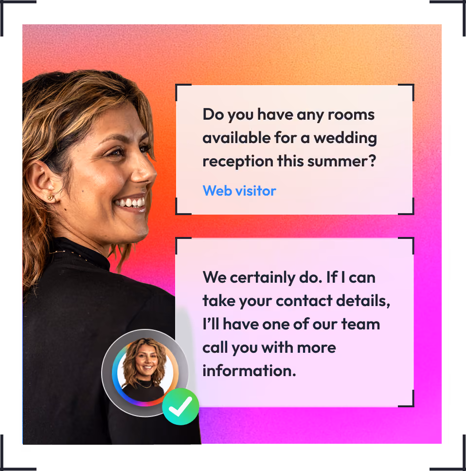 Smiling agent answering a live chat about a potential wedding venue booking