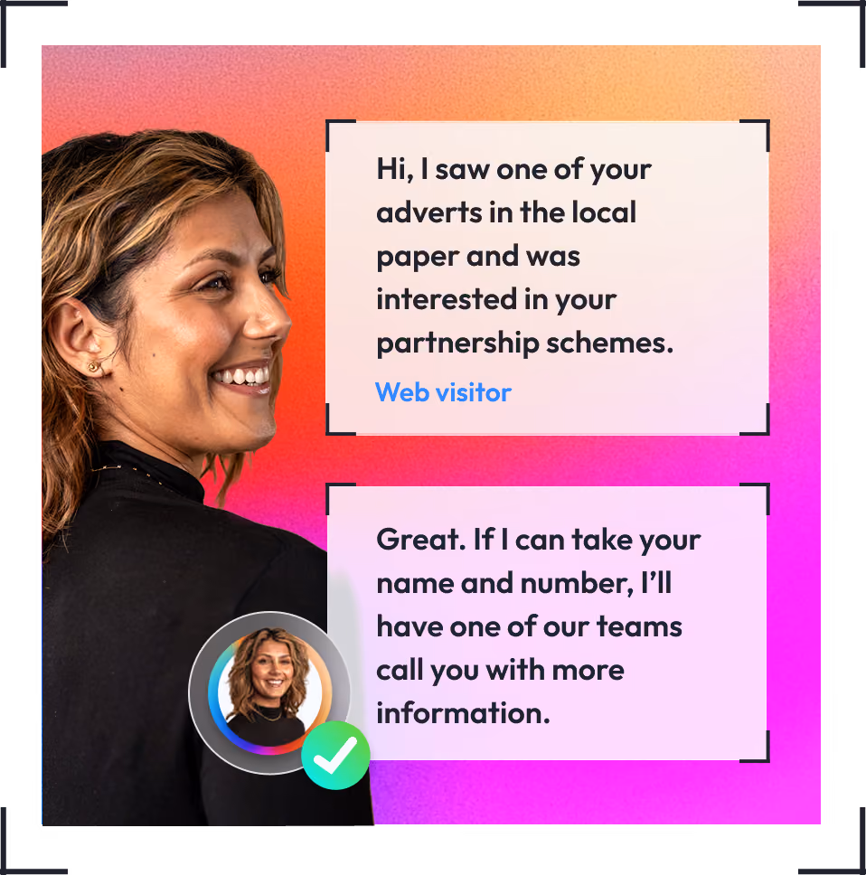 Smiling woman with speech bubbles about interest in partnership schemes and follow-up call.