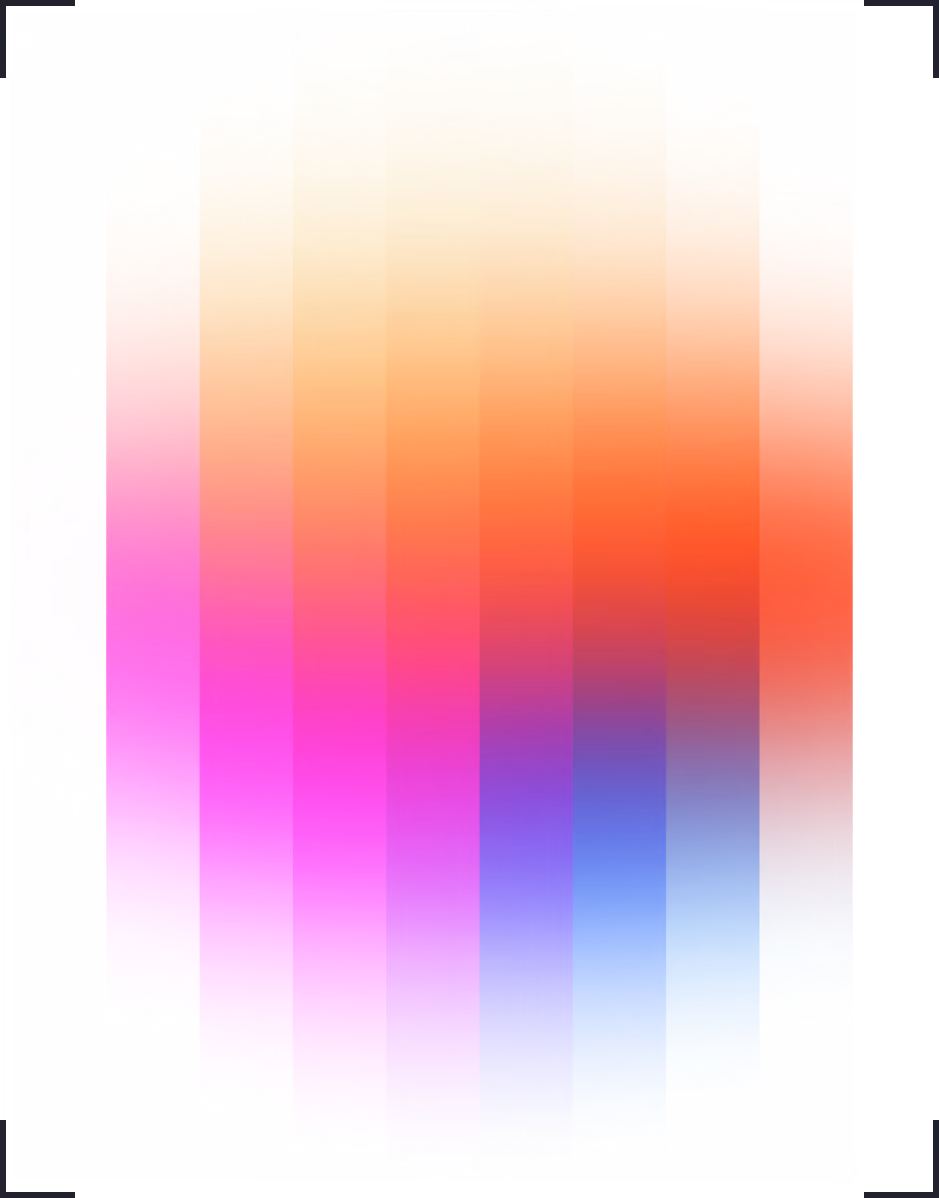 Vertical translucent strips blending colors from pink to purple to blue and orange on a white background.