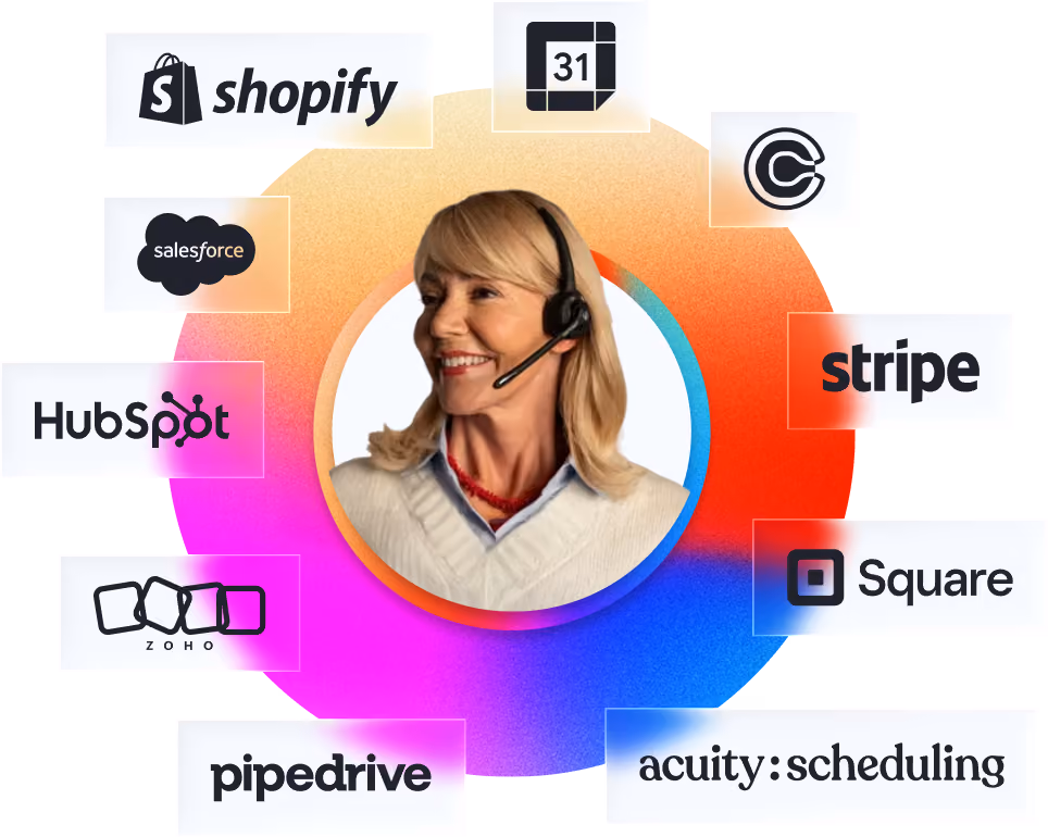 Smiling woman with headset surrounded by logos of business tools like Shopify, Salesforce, Stripe, and HubSpot.