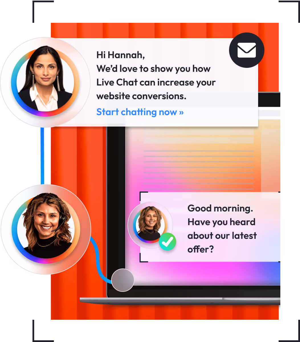 Two women with chat bubbles on a laptop screen showing messages about live chat boosting website conversions.