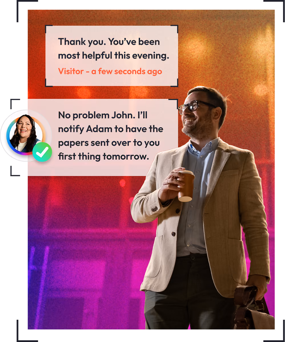 Man in blazer holding coffee and bag stands beside chat bubbles of a helpful conversation.