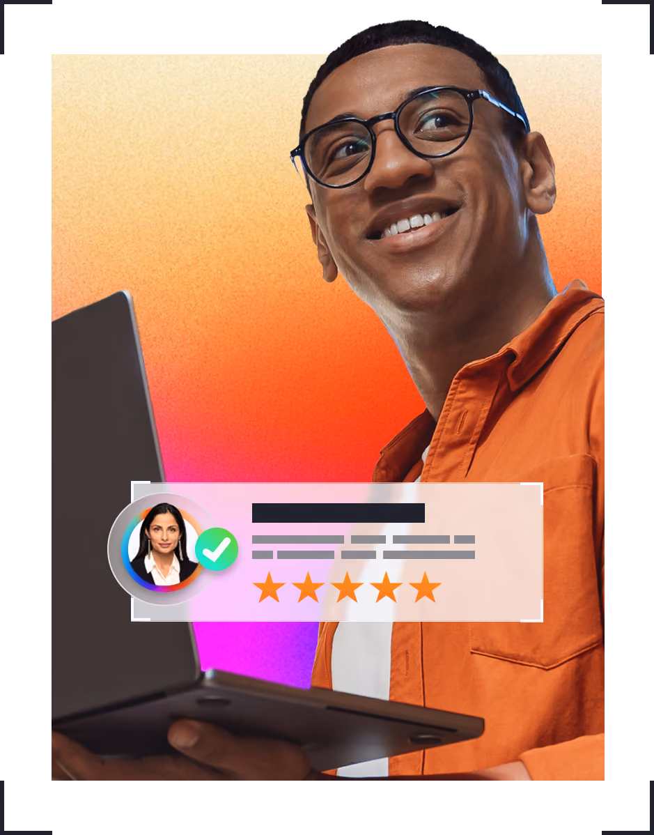 Smiling man wearing glasses holding laptop with a five-star customer review overlay.
