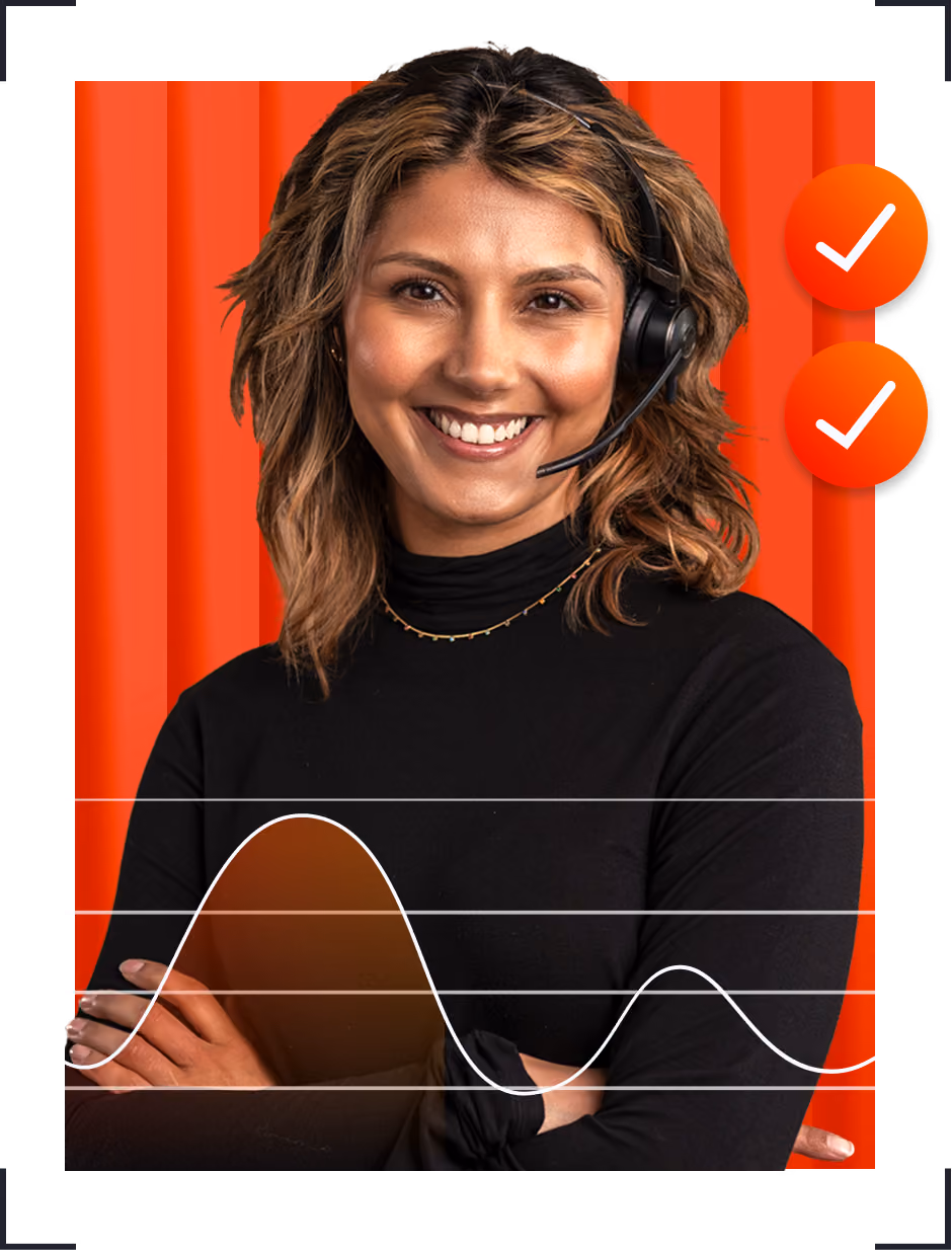 Smiling woman with headset stands with arms crossed over orange background with two check marks.