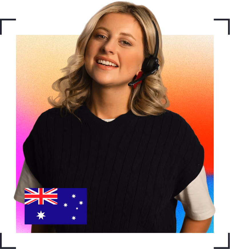 Smiling woman with blonde hair wearing a headset against a colorful gradient background with an Australian flag.
