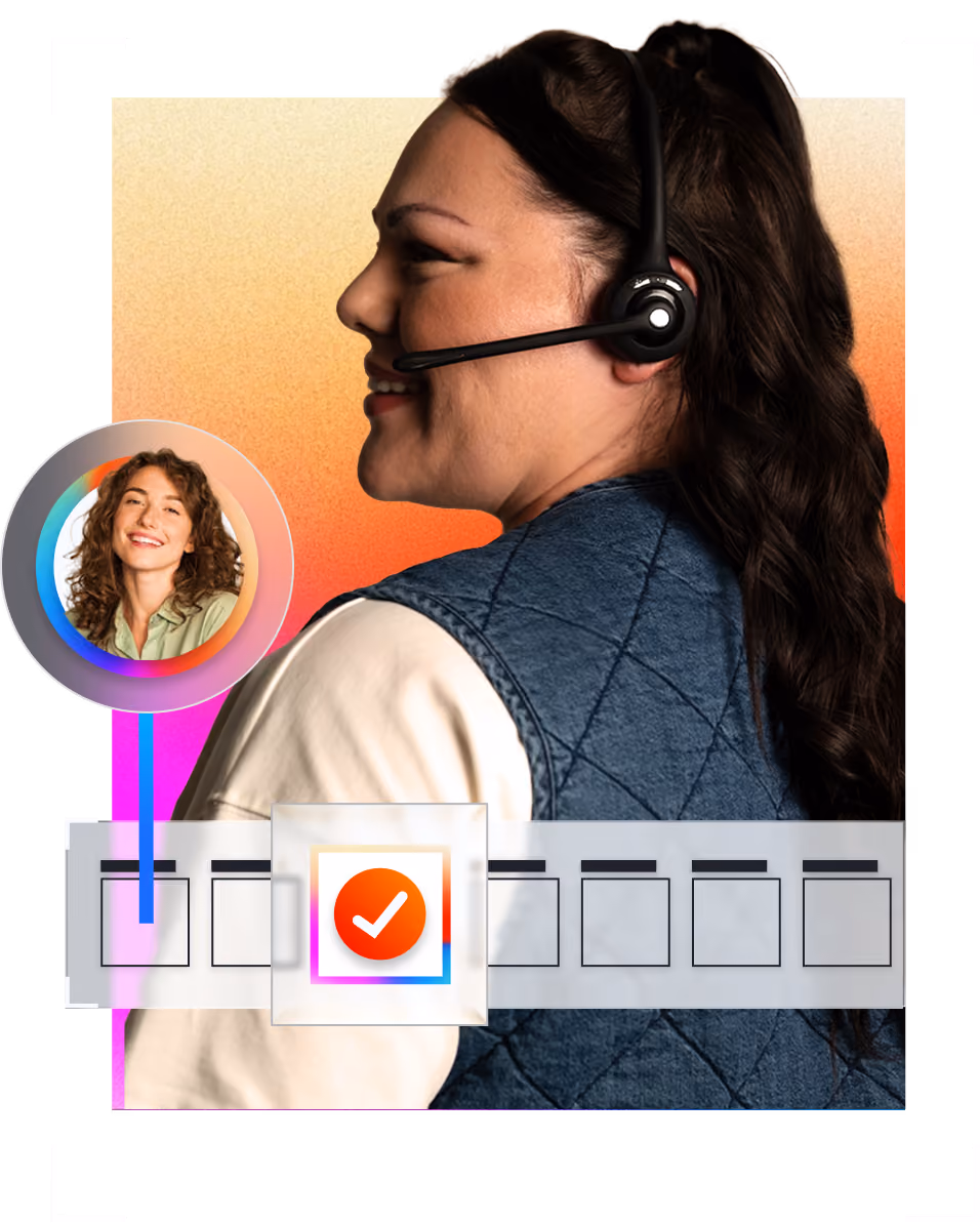 Woman with headset smiling, with a smaller round inset of a smiling woman and a checkmark icon below.