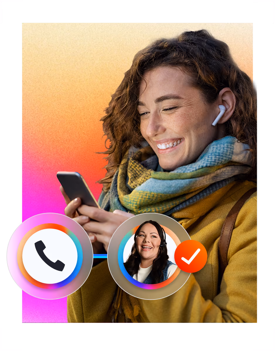 Smiling woman wearing earbuds looks at phone screen with customer service icon and checkmark.