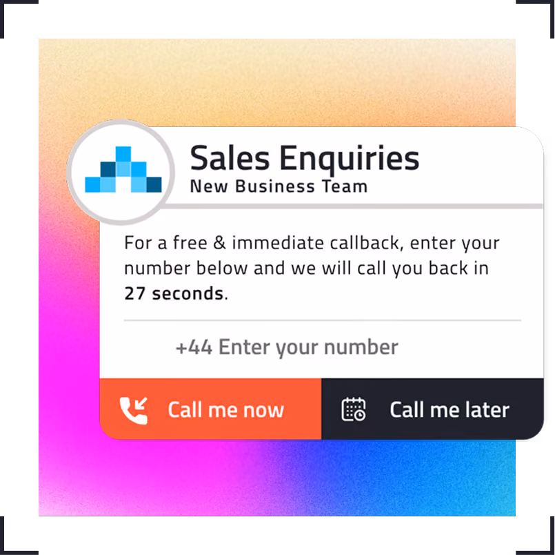Sales enquiries form offering free callback in 27 seconds with options to call now or later.
