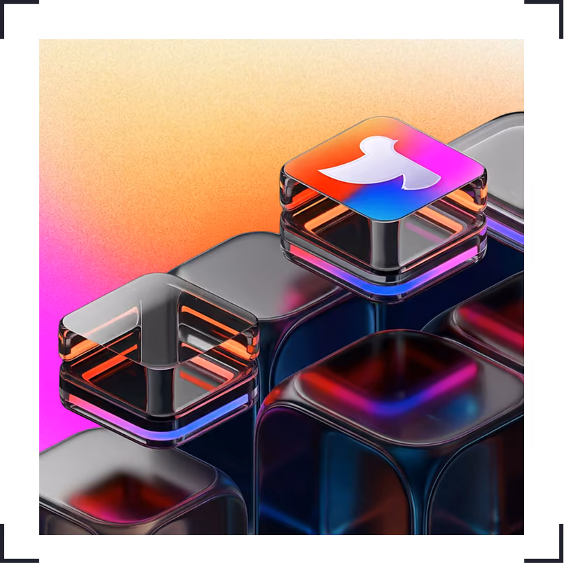Shiny translucent black cubes with one glowing cube featuring the Moneypenny logo on a gradient background.