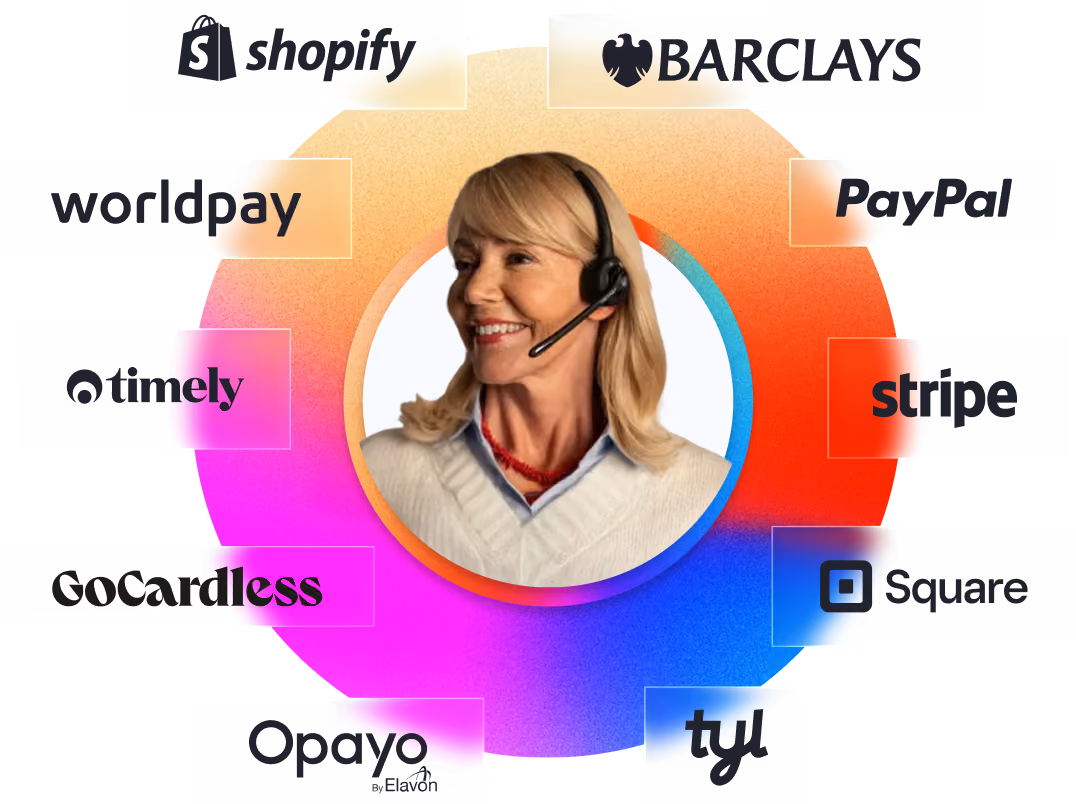 Smiling woman wearing headset surrounded by payment service logos in a colorful circle.