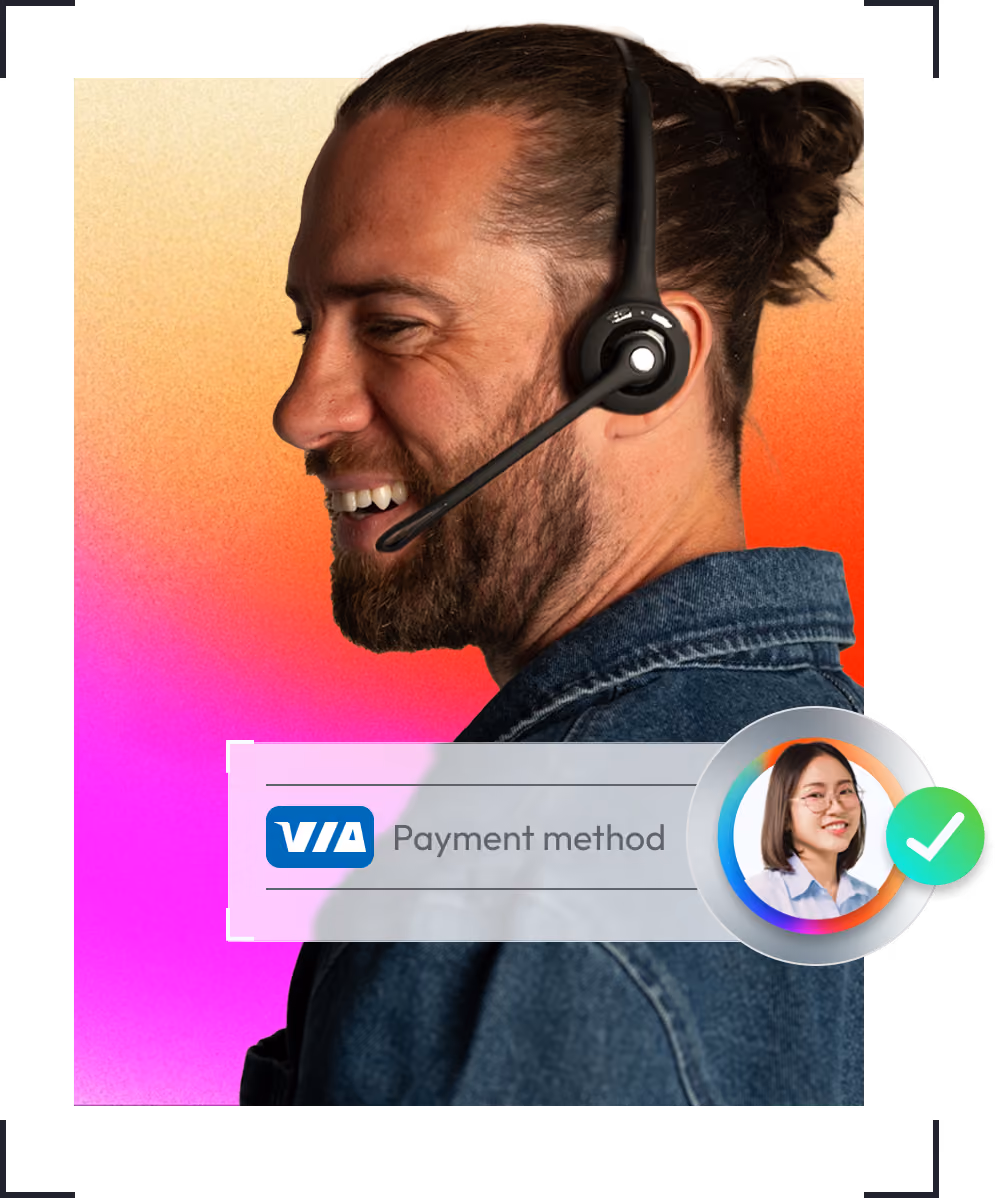 Smiling man with beard and hair bun wearing headset and denim jacket, alongside payment method label.