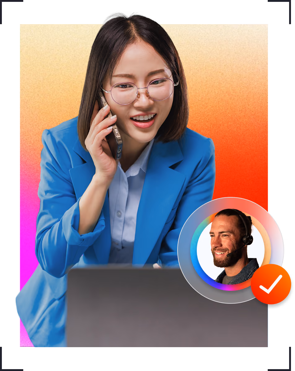 Woman in blue jacket talking on phone with laptop in front, inset of man with headset and checkmark.