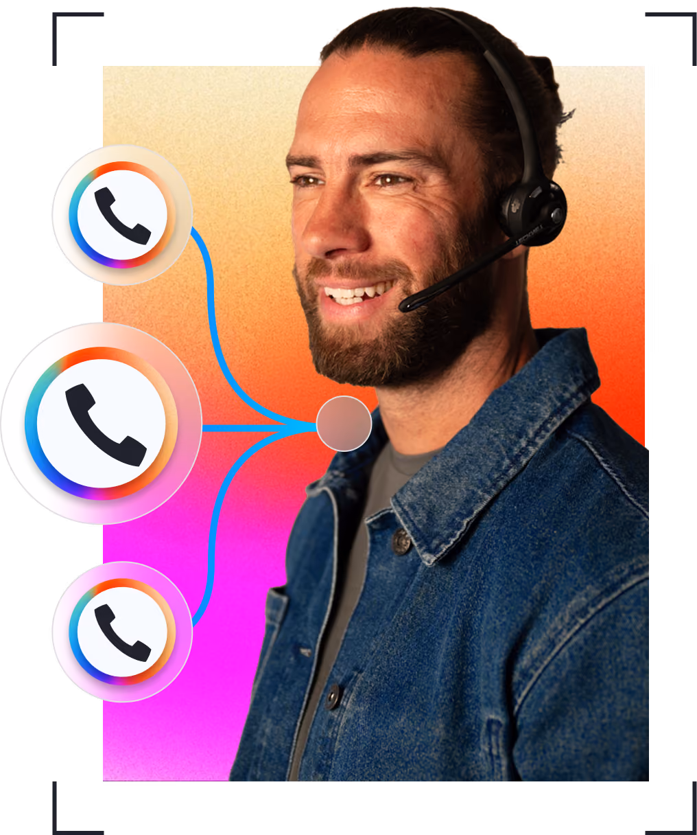 Man with a beard wearing a headset smiling, with graphic phone icons linked around him.