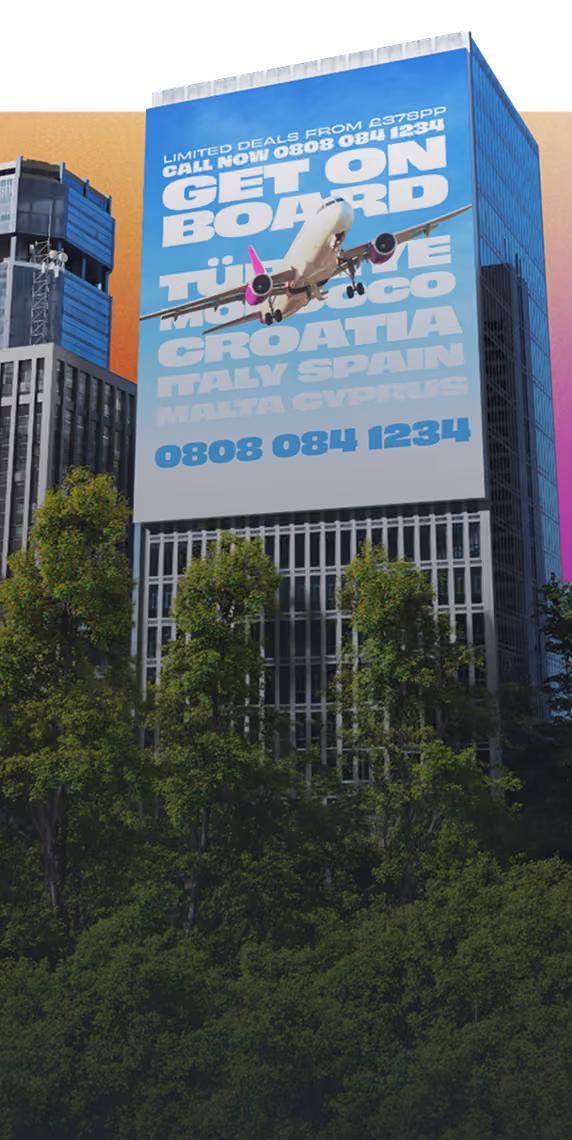 A building billboard advertising travel deals to Europe with contact number.