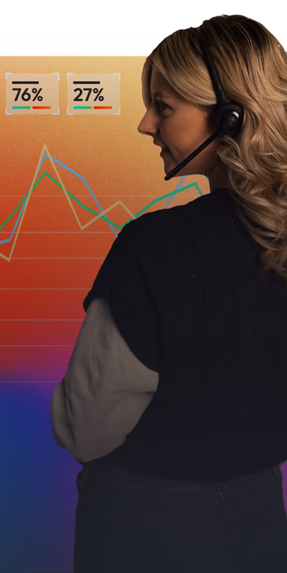 Woman with headset looking at colourful line graph displaying statistics.