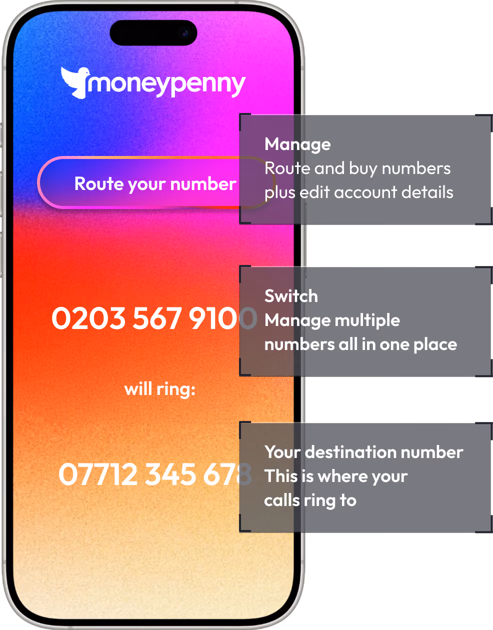 Mobile screen showing how to route your business number with explanations for manage, switch, and destination number.