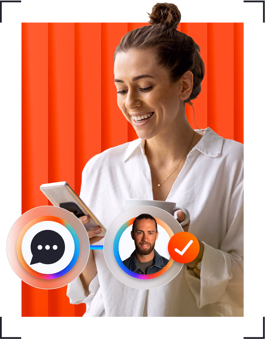 Smiling woman holding a phone and cup, with messaging and verified user icons over a red background.
