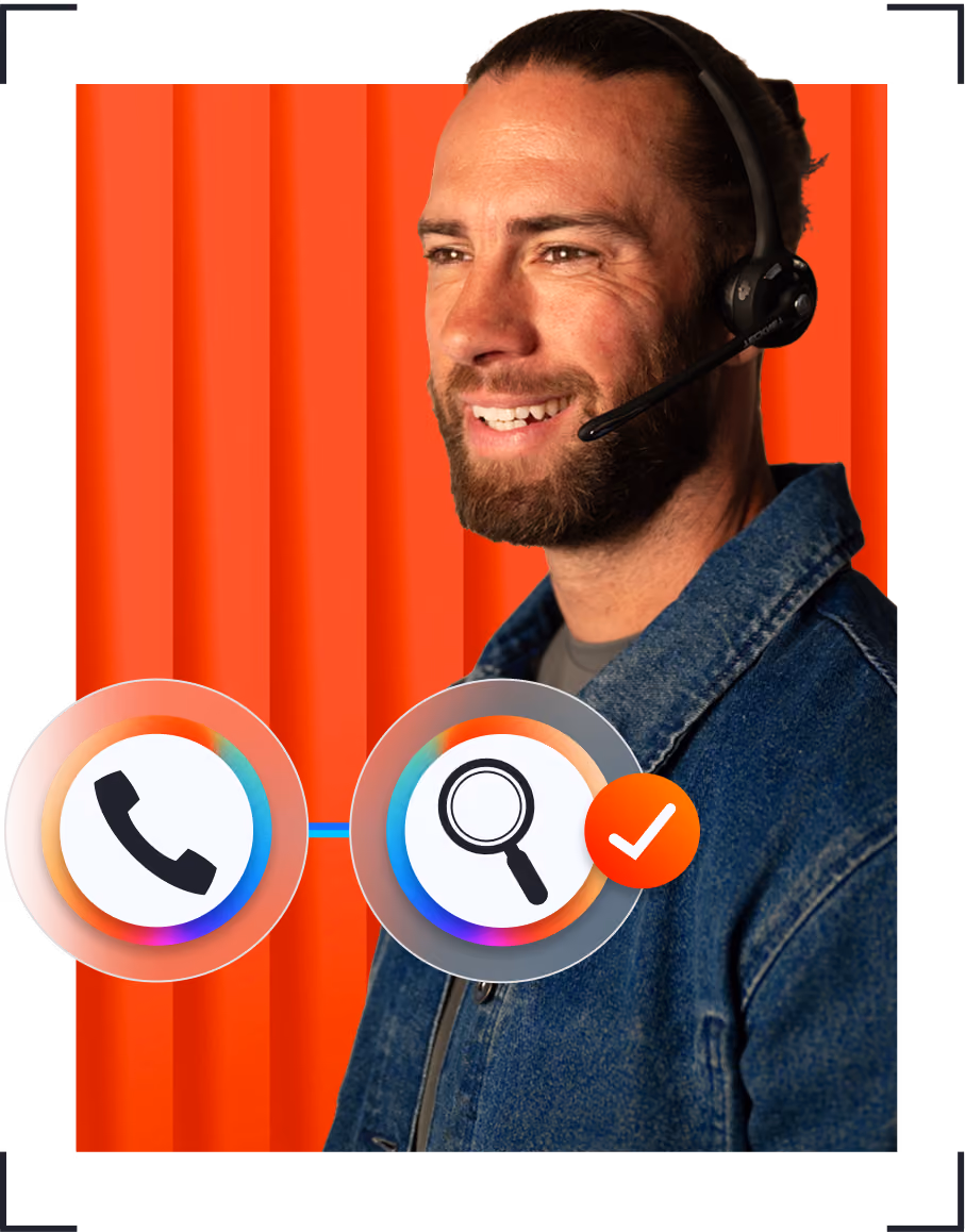 Smiling man wearing headset and denim jacket with phone and magnifying glass icons connected by a line