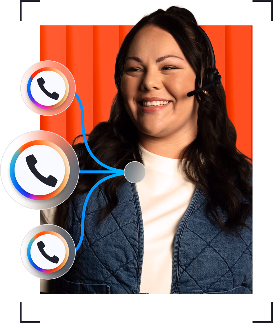 Smiling woman wearing headset with call icons linked to her, against a red background.