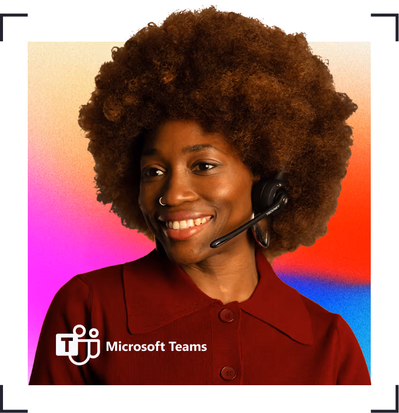 Smiling woman with curly hair wearing headset in front of a colorful gradient background with Microsoft Teams logo.