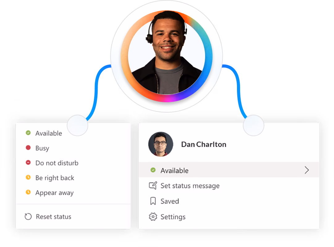 User profile picture with headset linked to status options like Available, Busy, Do not disturb, and settings menu.