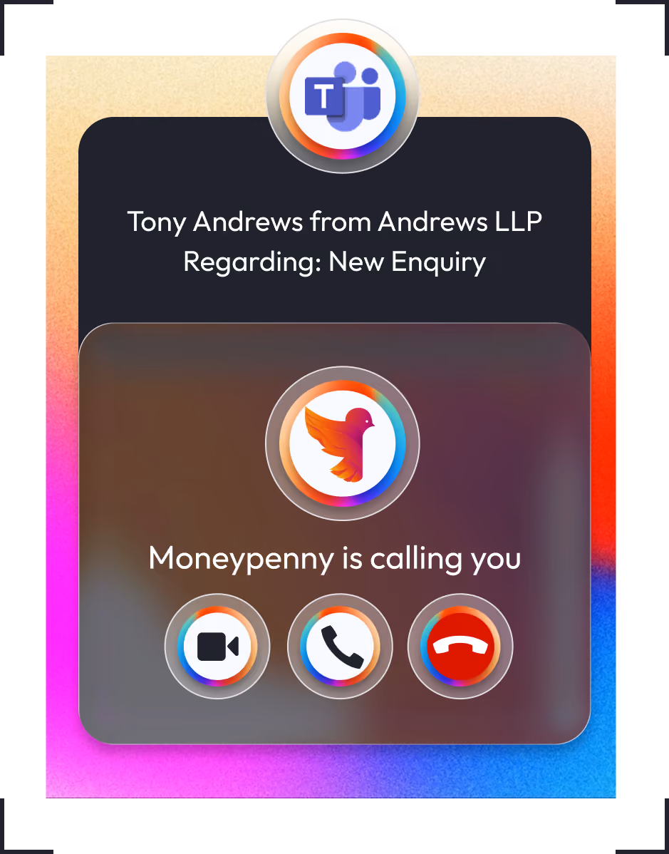Microsoft Teams call notification showing Tony Andrews from Andrews LLP with a call from Moneypenny.