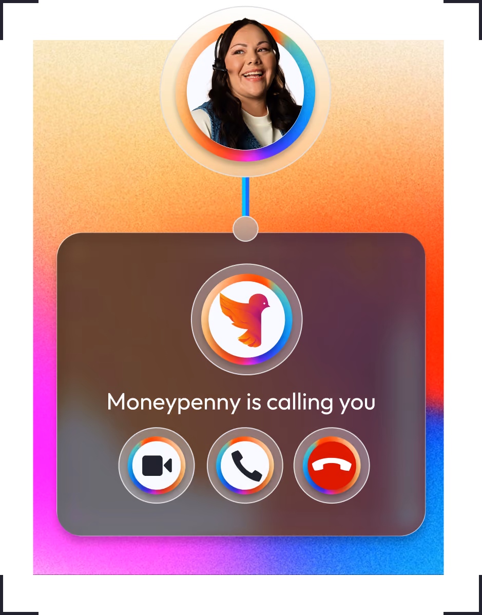 Video call screen showing a smiling woman and a notification that Moneypenny is calling you.