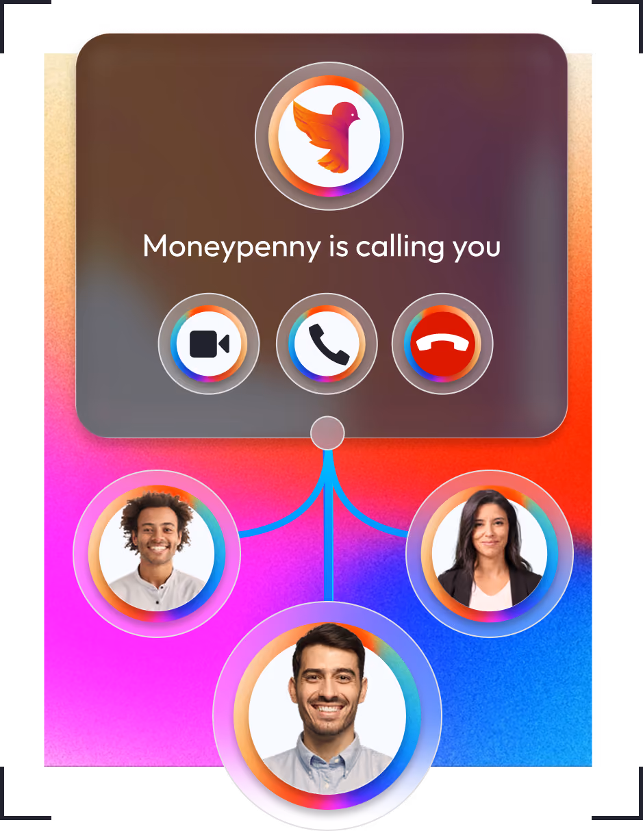 Screen shows 'Moneypenny is calling you' with video, phone, and hang-up icons and three smiling caller portraits.