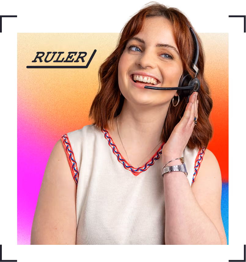Smiling woman with headset against a colourful gradient background with the 'RULER' logo above her.