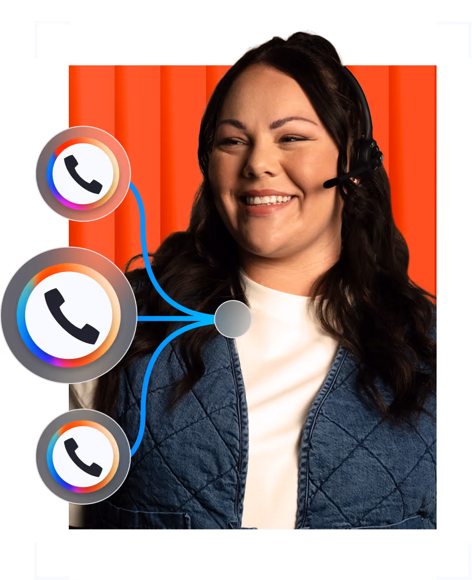 Smiling woman wearing a headset with phone icons connected by lines symbolising call handling.