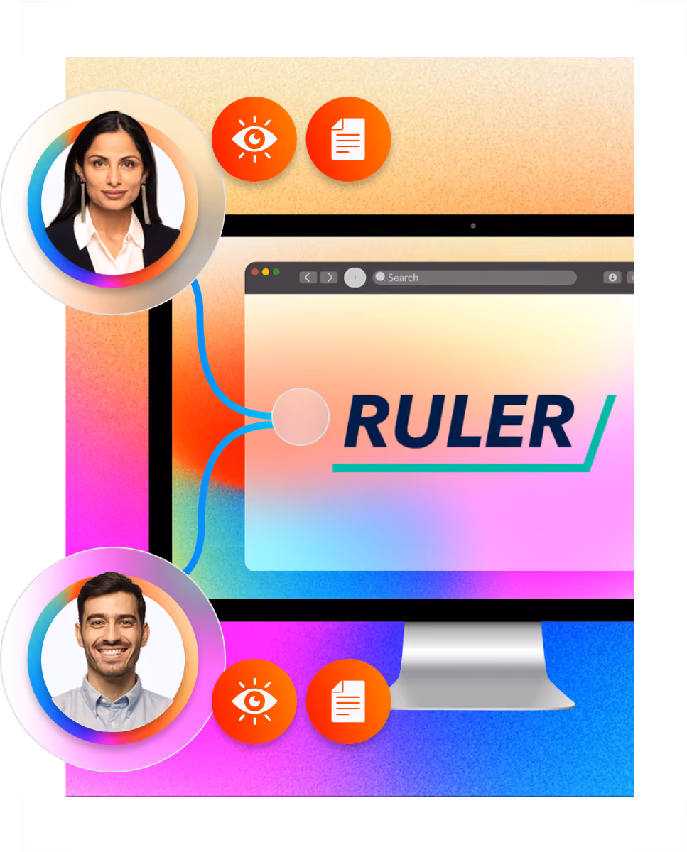 Computer screen with RULER website, two user photos connected by blue lines and orange icons with eye and document symbols.