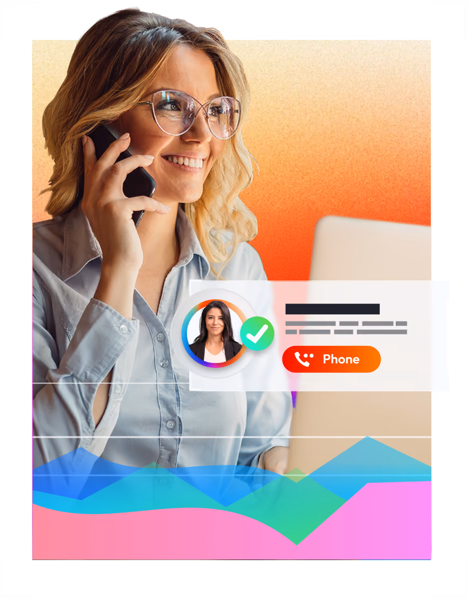 Smiling woman with glasses on phone, with call tracking interface showing a verified caller ID.