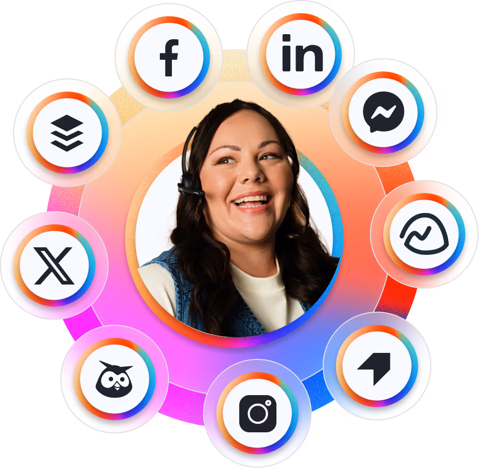 Smiling woman with headset surrounded by icons of social media and marketing platforms.