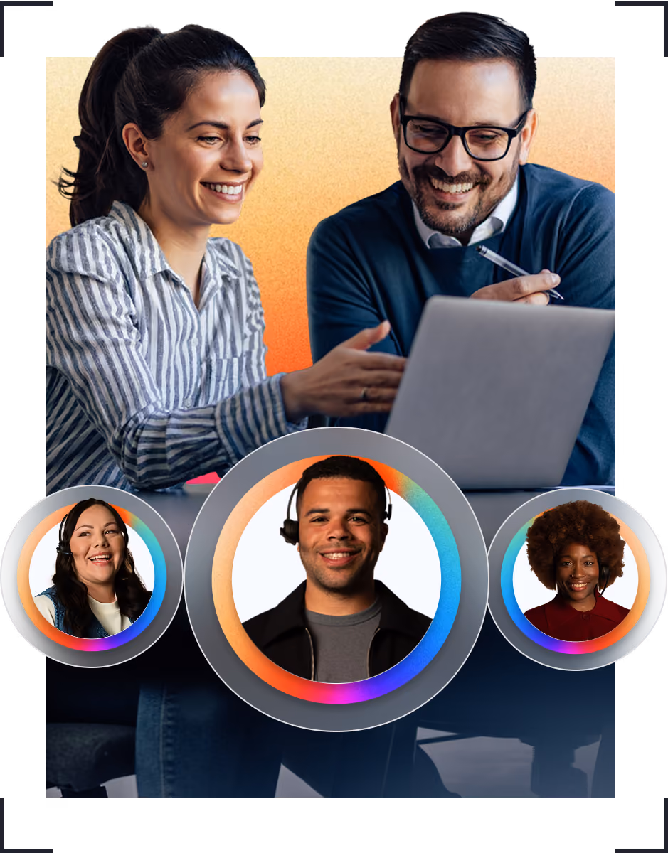 Two colleagues smiling and working on a laptop, with three customer service avatars in circles below.